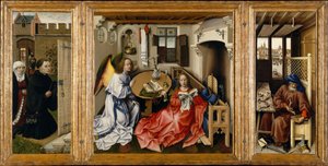 メロードの祭壇画として知られる受胎告知の三連祭壇画 作： Robert Campin